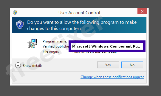 Screenshot where Microsoft Windows Component Publisher appears as the verified publisher in the UAC dialog